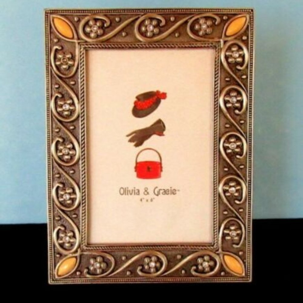 Pewter bead & rhinestone flower picture frame OLIVIA & GRACIE 4" x 6" photo